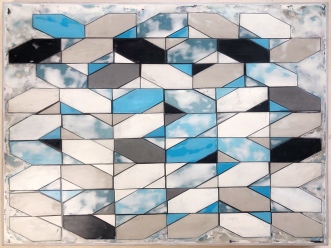 „Ostinato - Himmeldurchbruch” 2021 pigmentierte Spachtelmasse, Multiplex, Buche 48,5 x 64,5 x 3 cm